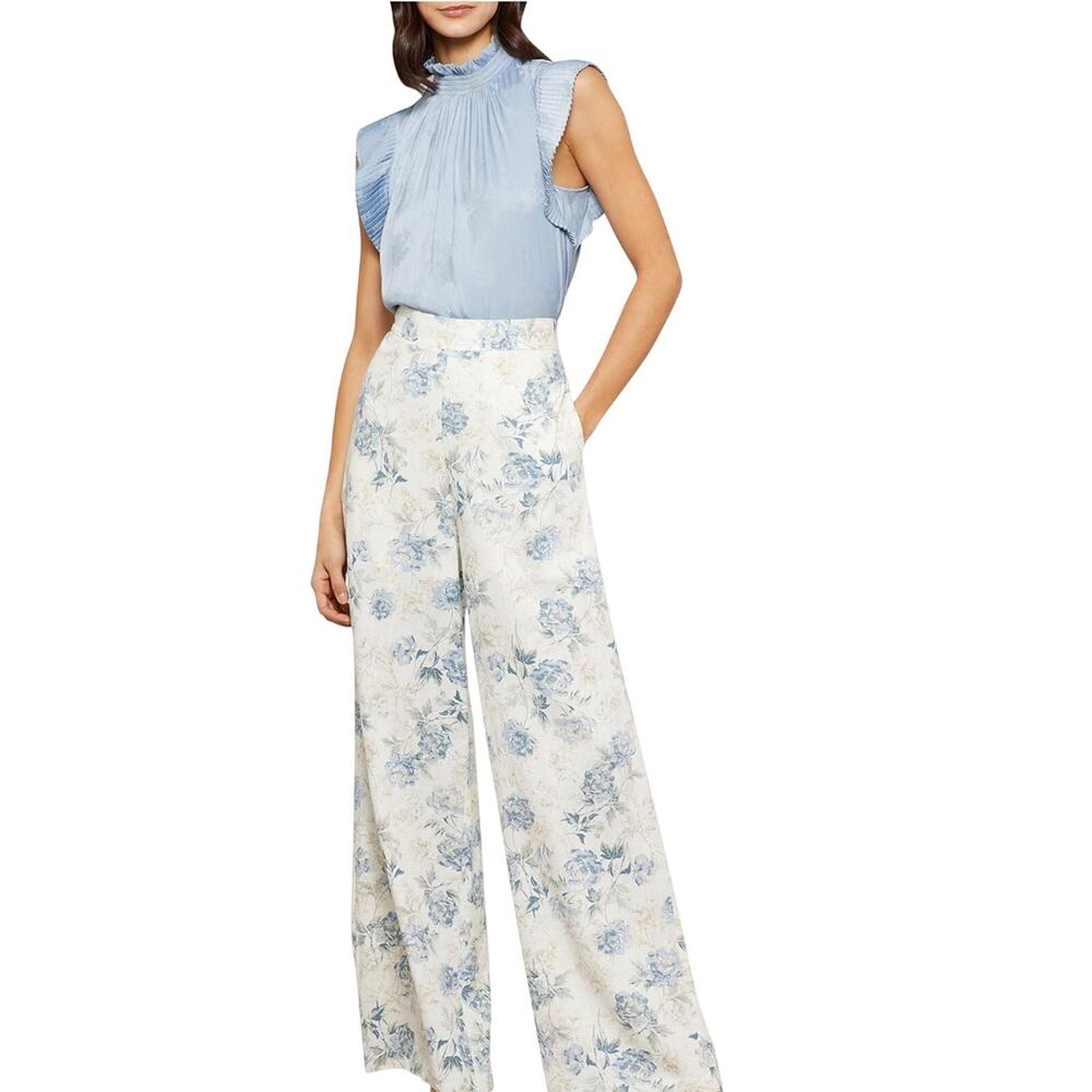 BCBGMAXAZRIA Floral Wide Leg Linen Blend Pants, Sea Salt Combo, Medium NWT